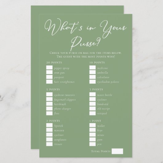 Sage Green What's in Your Purse Bridal Shower Game (正面/裏面)