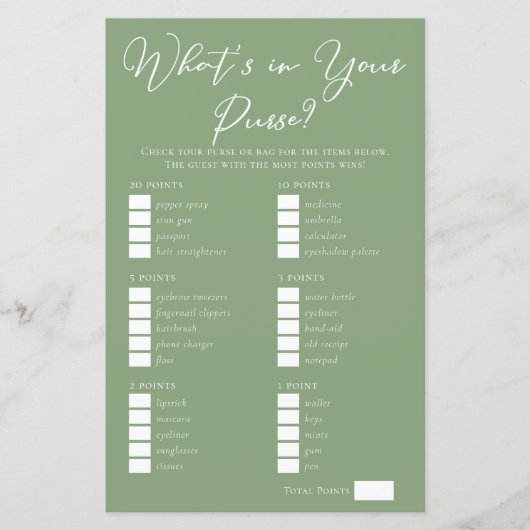 Sage Green What's in Your Purse Bridal Shower Game (正面)