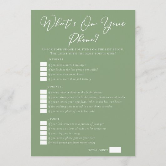 Sage Green What's On Your Phone Bridal Shower カード (正面)