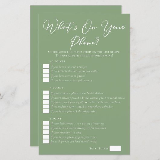 Sage Green What's On Your Phone Bridal Shower Game (正面/裏面)