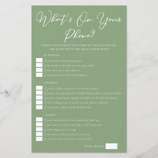 Sage Green What's On Your Phone Bridal Shower Game (正面)