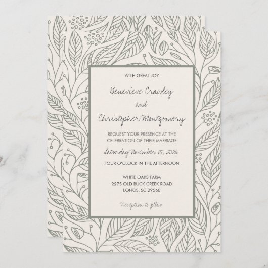  sage green whimsical hand-drawn leaf wedding  招待状 (正面/裏面)