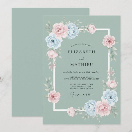 Sage Green Whimsical Rose Wedding 招待状 (正面/裏面)