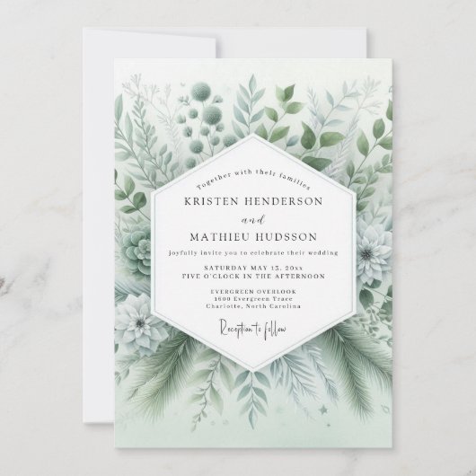 Sage Green Whispery Botanical Wedding 招待状 (正面)