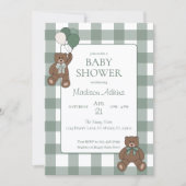 Sage Green White Bows and Teddy Bears Baby Shower 招待状 (正面)