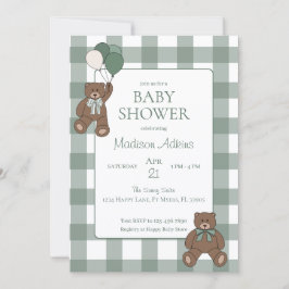 Sage Green White Bows and Teddy Bears Baby Shower 招待状