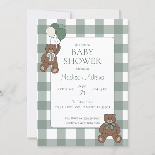 Sage Green White Bows and Teddy Bears Baby Shower 招待状 (正面)