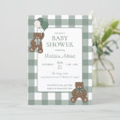 Sage Green White Bows and Teddy Bears Baby Shower 招待状 (スタンド正面)