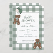 Sage Green White Bows and Teddy Bears Baby Shower 招待状 (正面/裏面)
