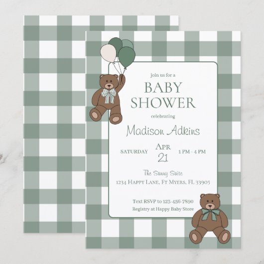 Sage Green White Bows and Teddy Bears Baby Shower 招待状 (正面/裏面)