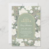 Sage Green White Chinoiserie Floral Baby Shower 招待状 (正面)