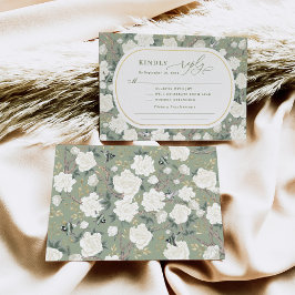 Sage Green White Chinoiserie Floral Wedding RSVP カード