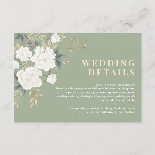 Sage Green White Chinoiserie Wedding Details エンクロージャーカード (正面)