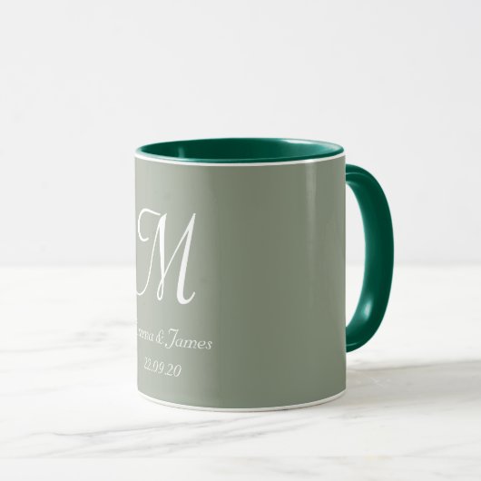 Sage Green & White Elegant Monogram Initial Name  マグカップ (正面右)