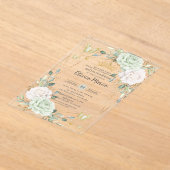 Sage Green & White Floral Butterflies Quinceanera アクリル招待状 (レイダウン)