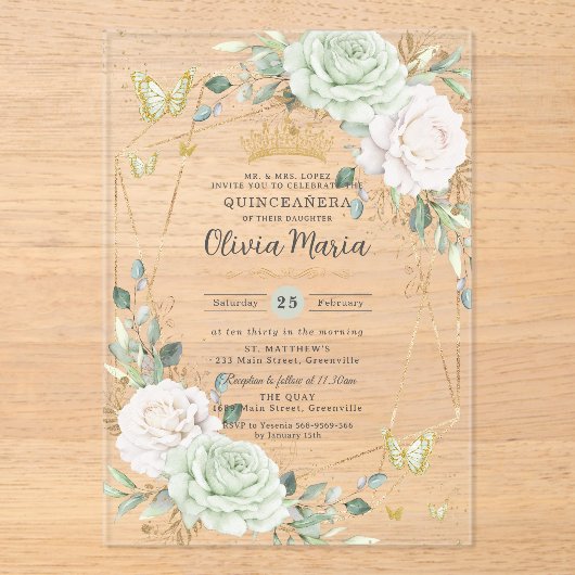 Sage Green & White Floral Butterflies Quinceanera アクリル招待状 (正面)