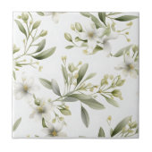 Sage Green White Floral Ceramic Tile タイル (正面)