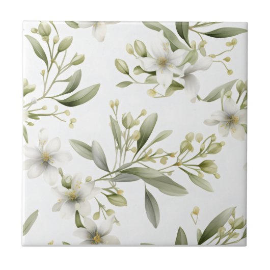 Sage Green White Floral Ceramic Tile タイル (正面)