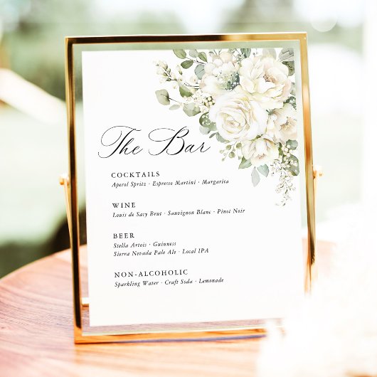 Sage Green White Floral Elegant Wedding Bar Menu 台座サイン
