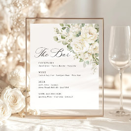 Sage Green White Floral Elegant Wedding Bar Menu 台座サイン