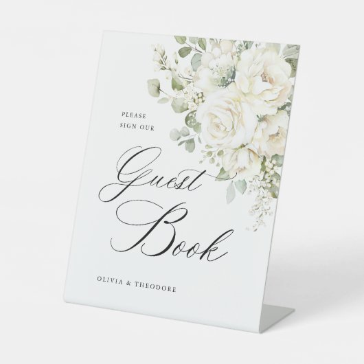 Sage Green White Floral Guest Book Wedding Table 台座サイン (正面)