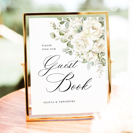 Sage Green White Floral Guest Book Wedding Table 台座サイン