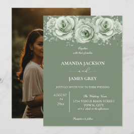 Sage Green White Floral Photo Back Wedding 招待状