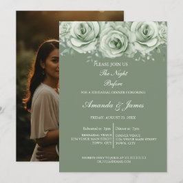 Sage Green White Floral Rehearsal Dinner 招待状