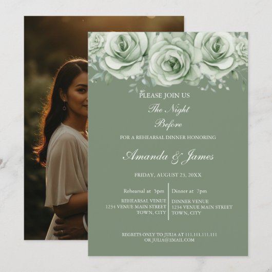 Sage Green White Floral Rehearsal Dinner 招待状 (正面/裏面)