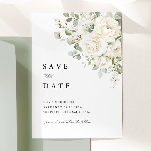 Sage Green White Floral Watercolor Elegant Wedding セーブザデート