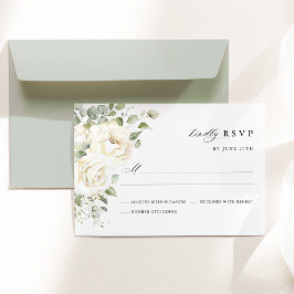 Sage Green White Floral Watercolor Elegant Wedding 出欠カード