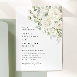 Sage Green White Floral Watercolor Elegant Wedding 招待状