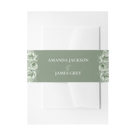 Sage Green White Floral Wedding 招待状ベリーバンド (正面例)