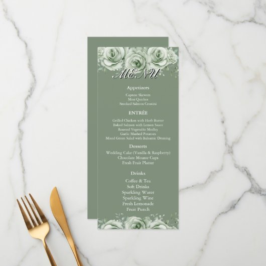 Sage Green White Floral Wedding Reception Menu  メニュー (正面/裏面インサイチュ)
