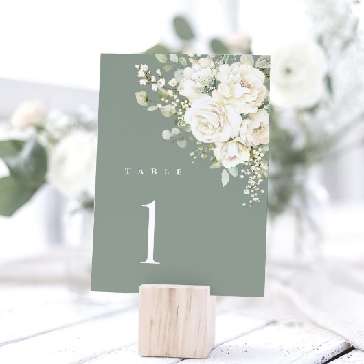 Sage Green White Floral Wedding Table Number Card