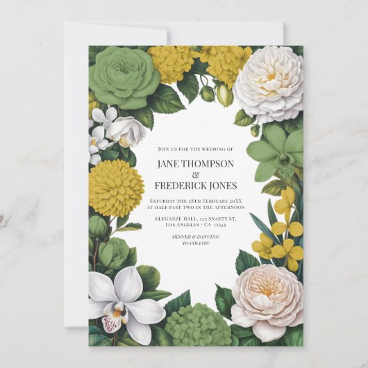 Sage Green, White & Gold Floral Wedding 招待状 (正面)