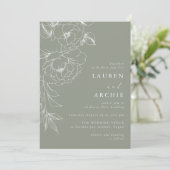 Sage Green White Line Art Floral Wedding 招待状 (スタンド正面)