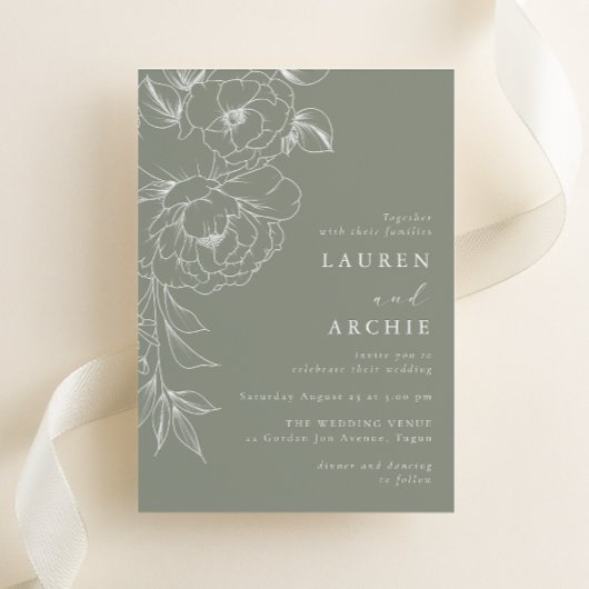Sage Green White Line Art Floral Wedding 招待状