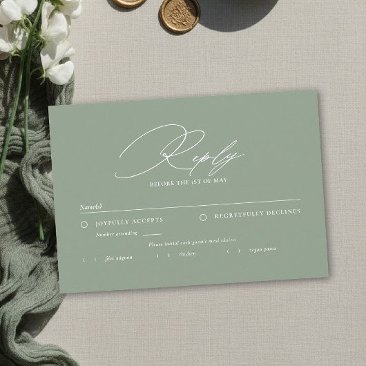 Sage Green White Modern Calligraphy Meal Wedding 出欠カード