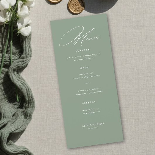 Sage Green White Modern Calligraphy Wedding メニュー