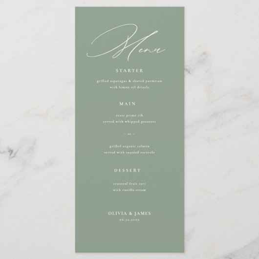 Sage Green White Modern Calligraphy Wedding メニュー (正面)