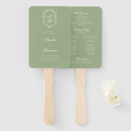 Sage Green & White Monogram Crest Wedding Program ハンドファン
