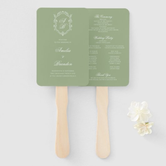 Sage Green & White Monogram Crest Wedding Program ハンドファン (正面&裏面)