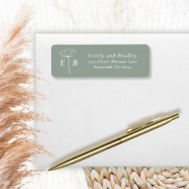 Sage Green White Monogram Floral Accent Address ラベル