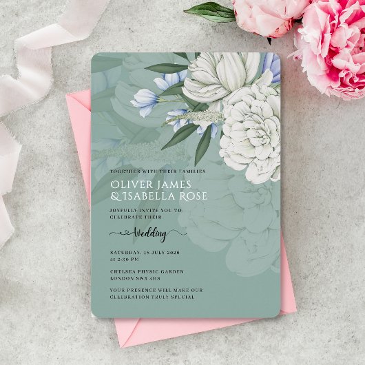 Sage Green White Peony Wedding Foil Invitation 箔招待状