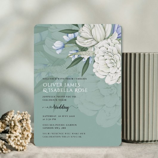 Sage Green White Peony Wedding Foil Invitation 箔招待状