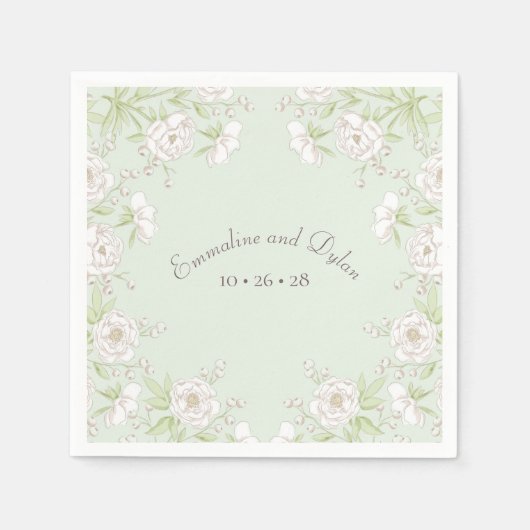 Sage Green White Rose Wedding スタンダードカクテルナプキン (正面)