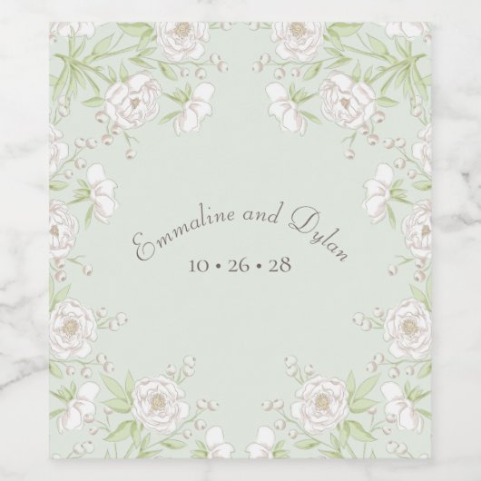 Sage Green White Rose Wedding ワインラベル (シングルラベル)