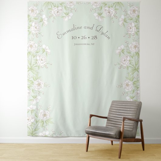 Sage Green White Rose Wedding Photo Backdrop タペストリー (インサイチュ)