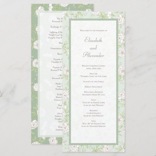 Sage Green White Rose Wedding Programs メニュー (正面/裏面)